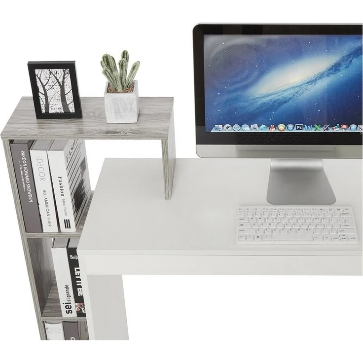 Mondeer Schreibtisch Computertisch, mit Ablagefach, Weiß+Grau – Bild 3