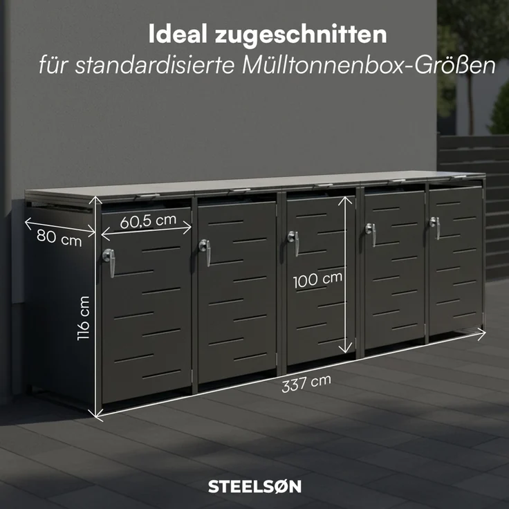 STEELSØN 'Diorus' Mülltonnenbox 5er je 240 Liter, graphitschwarz, Mülltonnenverkleidung aus Stahl mit Sichtstreifen, wetterfest, 116x80x337 cm, abschließbare Müllbox für 5 Tonnen – Bild 6