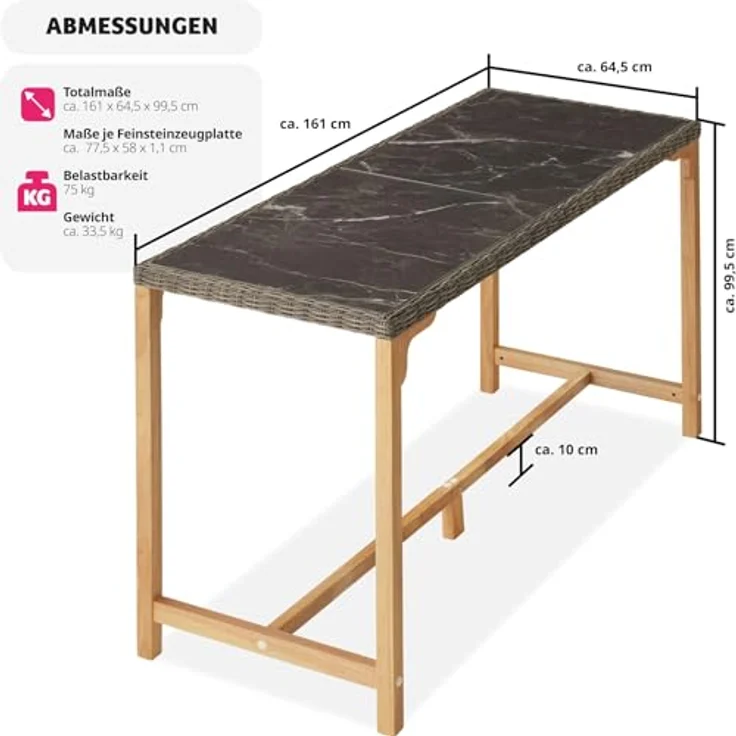 tectake Rattan-Bartisch Lovas, rechteckig, Natur, mit 2 abnehmbaren Feinsteinzeugplatten, 64.5x99.5x161 cm, Gartenmöbel – Bild 2
