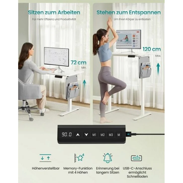SONGMICS Höhenverstellbarer Schreibtisch elektrisch, 100 x 60 cm, Memory-Funktion mit 4 Höhen, USB-C-Anschluss, wolkenweiß – Bild 3