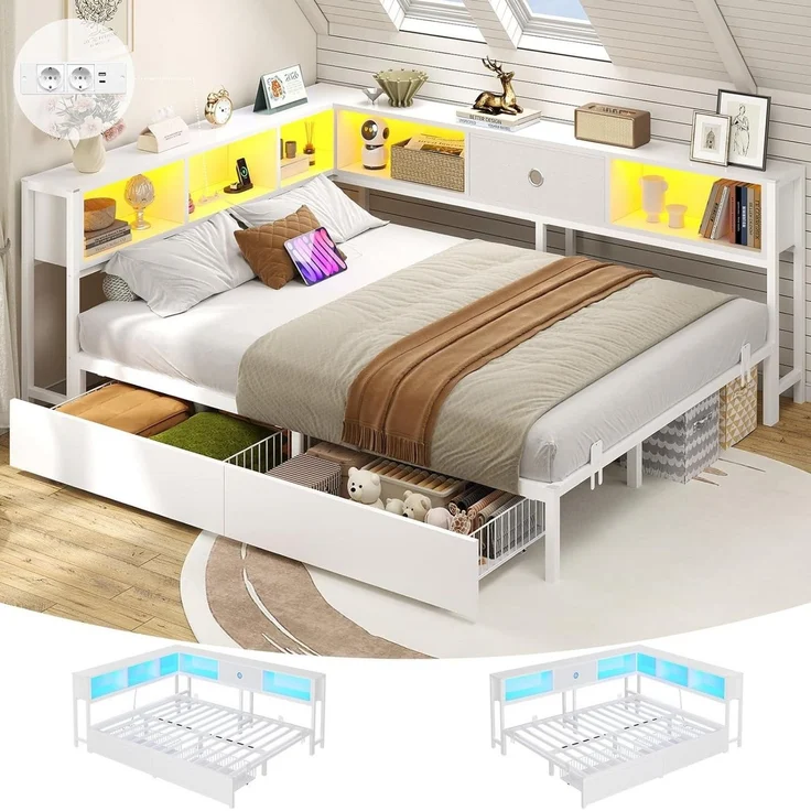 MSMASK Daybett Schlafsofa mit LED-Beleuchtung und Steckdose, Kinderbett, Jugendbett (1 tlg), Bett mit Metallrost, 140x200cm – Bild 1