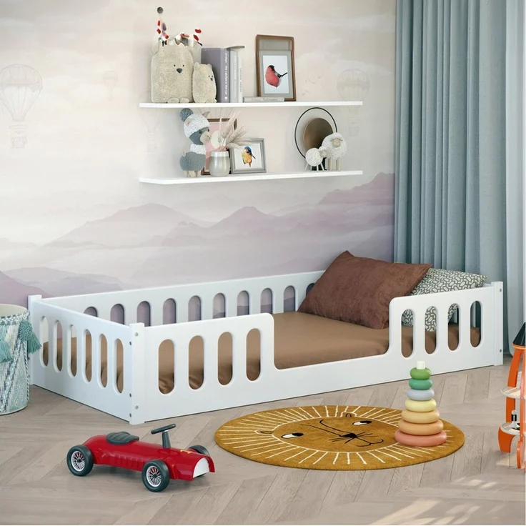 CADANI Monte 2in1 Bodenbett 90x200 cm Montessori Kinderbett Rausfallschutz abnehmbar - weiß, 37 kg schwer, bis 200 kg belastbar, extra starker Roll-Lattenrost, umbaubar – Bild 5