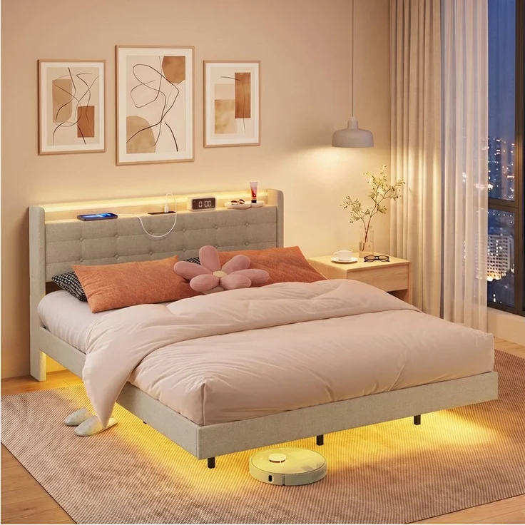 Bealife Polsterbett Einzel- & Doppelbett, Bettgestell mit beleuchtetem Kopfteil & Stauraum (2 Modelle (140x200, 160x200) – Bild 4