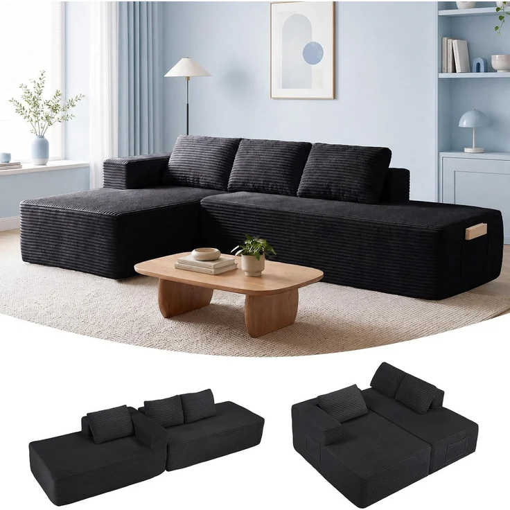 COMHOMA Ecksofa mit Schlaffunktion, 255cm Corduroy Modulares Boneless Couch mit Chaiselongue & Rücken-Metallgestell, L-Form Schlafsofa mit offenem Design, Kissen & Seitentaschen,für Wohnzimmer,Schwarz-R – Bild 1