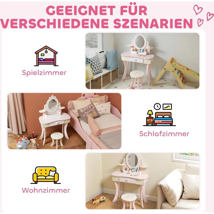 AIYAPLAY Schminktisch mit Hocker, Schublade, abnehmbar Spiegel, Regal, 7 Spielzubehörteilen (Frisiertisch, 2-St, 2-in-1-Kosmetiktisch), für Kinder ab 3 Jahre, Rosa – Bild 9
