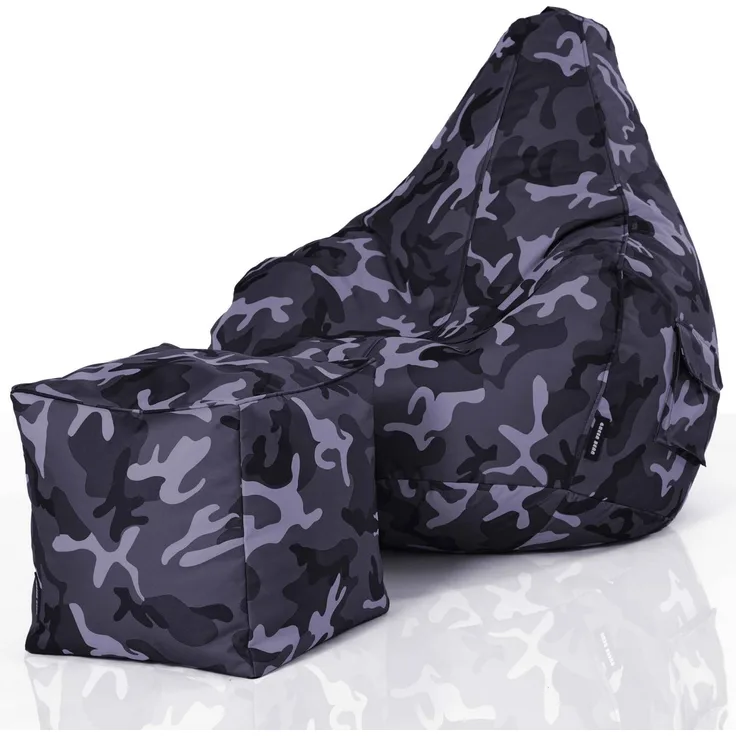 Green Bean® Bean Bag-Sitzsack + Hocker, 2er-Set, waschbar & schmutzabweisend, Polyester / PVC, EPS-Füllung, Camouflage Schwarz