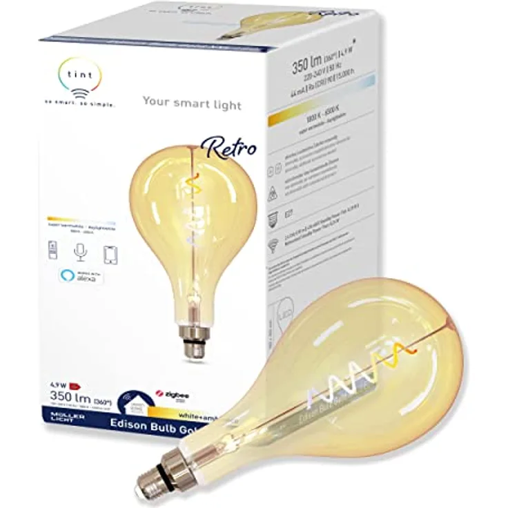 tint Smarte LED-Birne Retro Gold XXL E27, Dimmbare Glühbirne mit weißem Licht (1800-6500 K), steuerbar per Alexa und Fernbedienung, 4,9 W