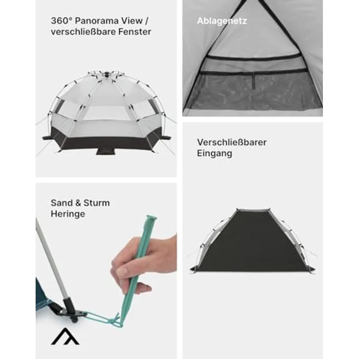 qeedo Quick Bay Pro Große Strandmuschel mit UV-Schutz (UV80) für 3 Personen inkl. Sandheringe und Roll-in-Bag Sonnenschutz - Sandgrey – Bild 4