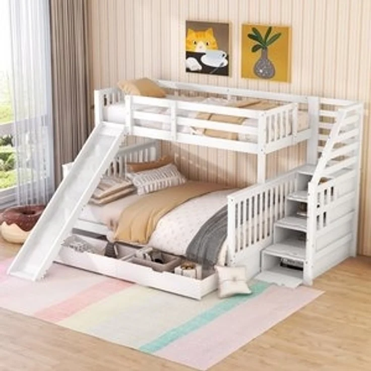 Flieks Etagenbett, Kiefer Kinderbett mit Stauraumtreppe und Schubladen 90x200cm+140x200cm – Bild 6
