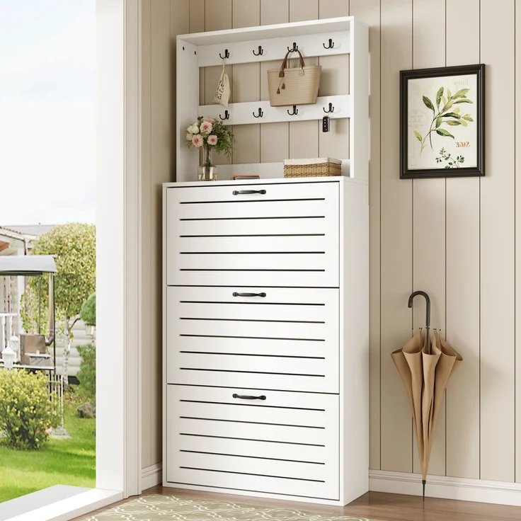 ZUBALIYA Schuhschrank (70 x 25 x 163 cm), 3 Türen, Lamellengestaltung, Aufbewahrung für Schuhe, Hausschuhe und Schuhzubehör, Weiß – Bild 7