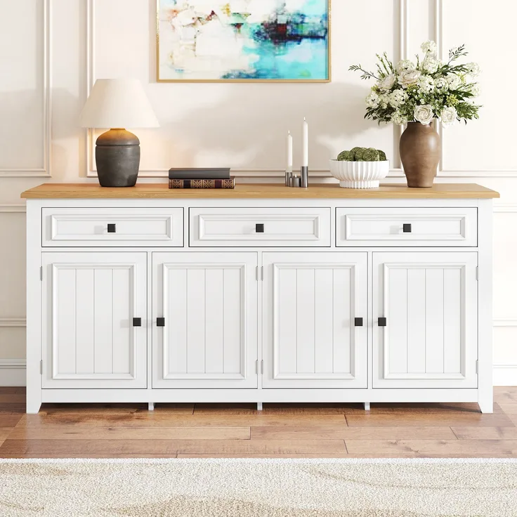 Modernes Sideboard mit 3 Schubladen & 4 Türen, Stauraum, 160x35x76 cm, Weiß