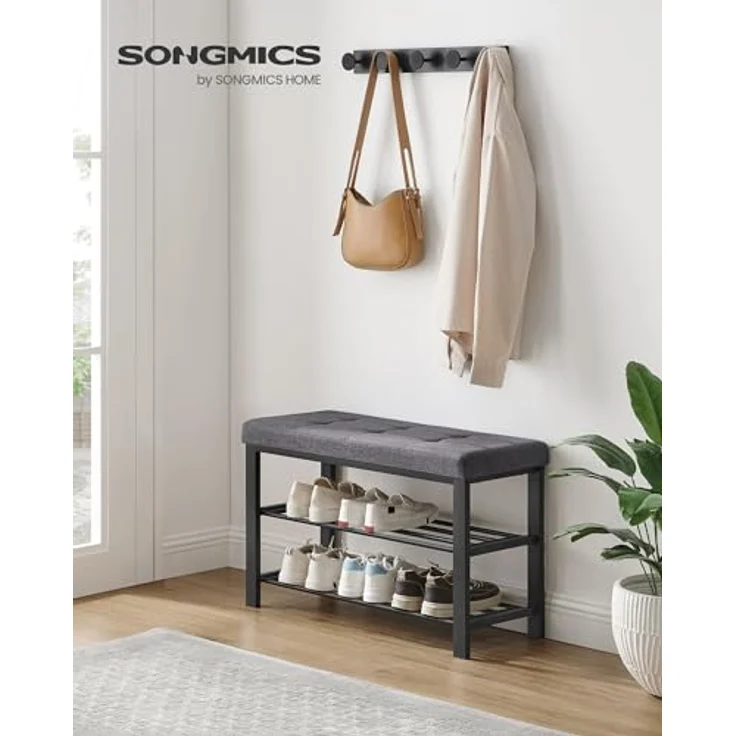 SONGMICS Schuhbank, Schuhregal mit 3 Ebenen, Schuhaufbewahrung, Sitz mit Schaumstoffpolsterung, Leinen, Metallrahmen, für Wohnzimmer Eingangsbereich, 31 x 81 x 49 cm, dunkelgrau-schwarz LBS057B01 – Bild 2