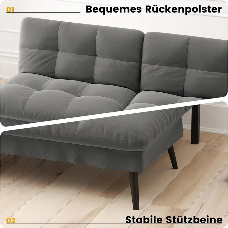 COMHOMA Schlafsofa mit Schlaffunktion – Futonbezug ausklappbar – Ecksofa – Gästesofa 3-Sitzer – mit Verstellbarer Rückenlehne aus grauem Stoff – Bild 6