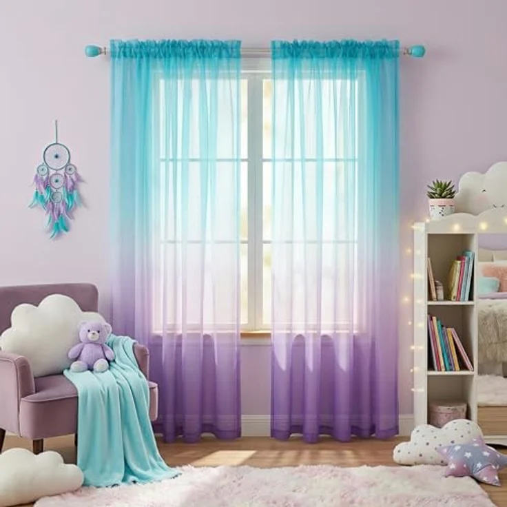 KOUFALL Violette Vorhänge für Schlafzimmer, Mädchenzimmer, Meerjungfrauen-Ombré-Optik, durchscheinende Kindervorhänge für Kinderzimmer, Baby, 2-teiliges Set, helles Lavendel und Blaugrün, 213 cm lang – Bild 2