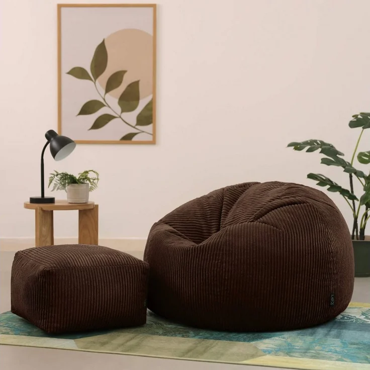 Icon Kingston Sitzsack mit Hocker Cord, Braun, Sitzsack Erwachsene mit Füllung, Bean Bag, Cord Sessel, Lounge Sessel, Lounge Stuhl, Schlafzimmer, Wohnzimmer, Wohnzimmer Möbel – Bild 2