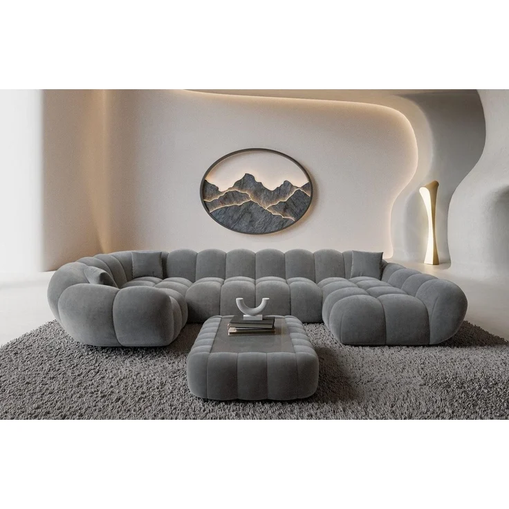 Sofa Dreams Wohnlandschaft Maleron U Form Design Stoffsofa, Stoff Polsterecke, 6-Sitzer, Ottomane rechts, Samtstoff Dunkelgrau – Bild 5