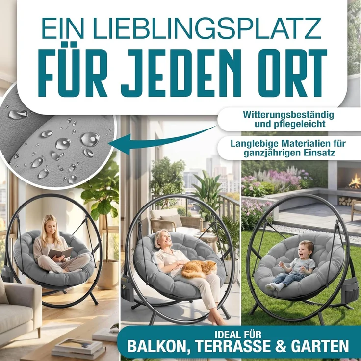 KESSER® Hängesessel mit Gestell BALI Hängeschaukel Hängestuhl bis 150kg für Indoor und Outdoor + Kissen & Seitentasche Hängekorb Stahlgestell & Schaumstoff Sitzpolster ideal für Wohnzimmer & Garten Grau – Bild 4
