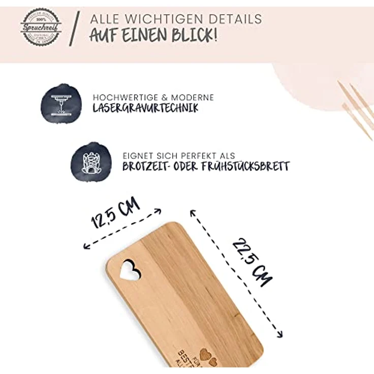 Spruchreif® Frühstücksbrett Frühstücksbrettchen aus Holz · Brotzeitbrett mit Gravur · Geschenk für Familie · Holzbrettchen mit Herzausschnitt – Bild 6
