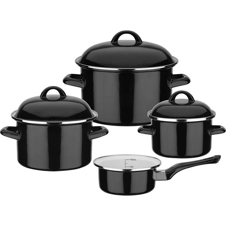 GSW Topf-Set Black & White, Stahl-Emaille (Set, 7-tlg, je 1 Kochtopf Ø 16/20/24 cm, 1x Stielkasserolle Ø 16 cm), Literskala, Induktion – Bild 1