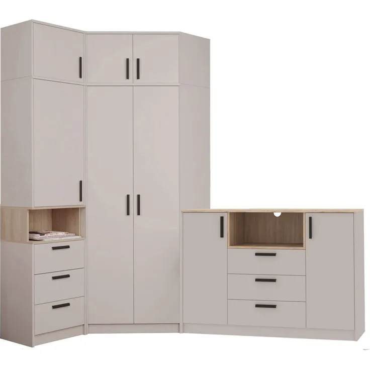 Marmex Möbel Grant Set-36C Eck-Kleiderschrank-Set, Kleiderschrank und Regal mit mit Aufsätzen, Schrank-Set mit Kommode, laminierte Spanplatte, graubeige cashmere+cremona torro 228/143x235x40 cm