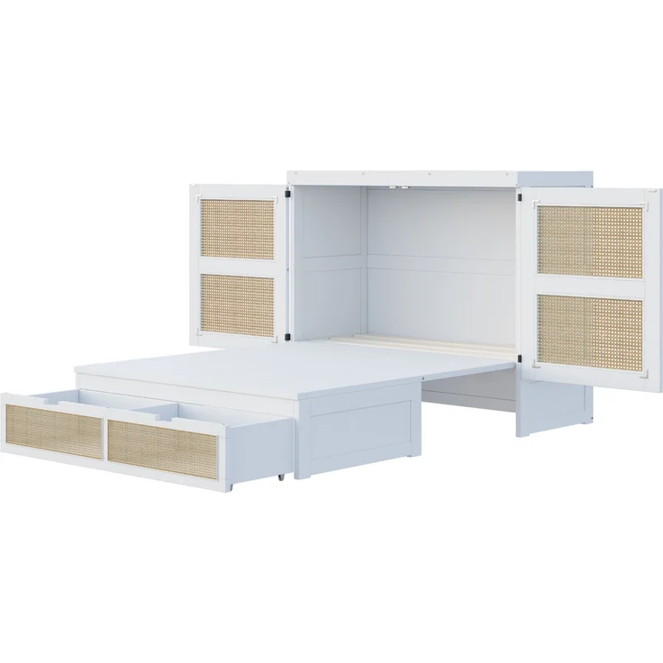 CHICFURN Bett aus Holz Weiß 140x200 cm mit Stauraumschubladen und Rattan-Design – Bild 8