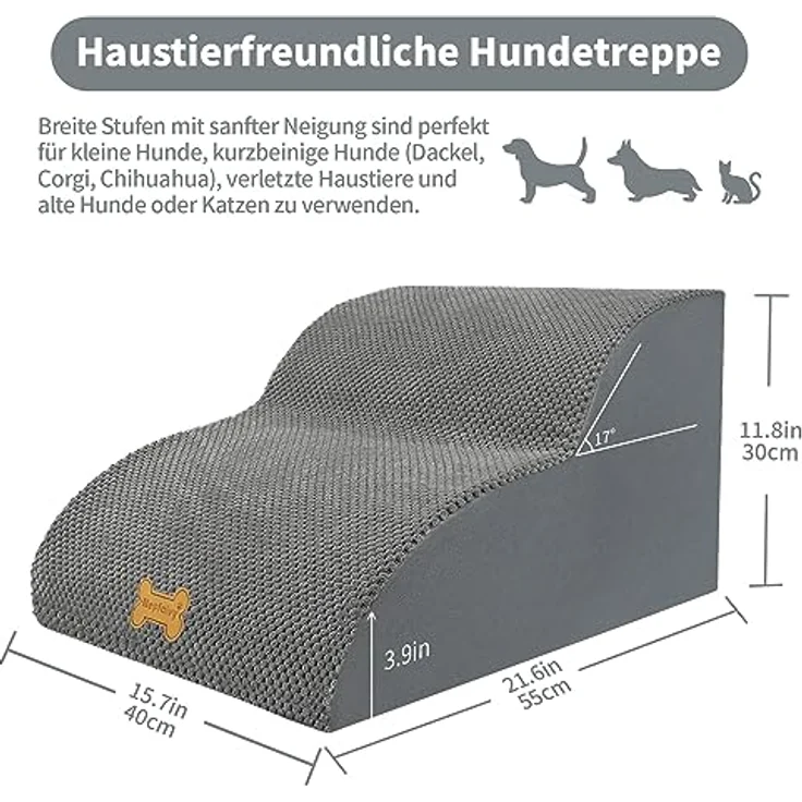 Nepfaivy Hundetreppe für Kleine Hunde 2-Stufig, Haustiertreppe für Bett und Sofa aus Hochdichtem Schwamm, Hunde Treppe Hunderampe mit Abnehmbarem, Waschbarem Bezug und Rutschfestem Boden, 55 x 40 x 30 cm – Bild 3