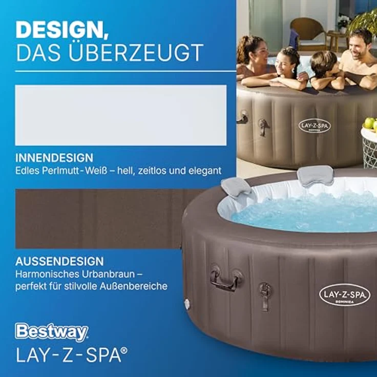 Bestway Lay-Z-SPA Whirlpool Dominica HydroJet, Ø 196 x 71 cm, 6 Personen, Heizung, Frostwächter, 4 HydroJet-Düsen, 140 AirJet-Düsen, App-Steuerung, Thermo-Abdeckung, Energieeffizient, Urbanbraun – Bild 8