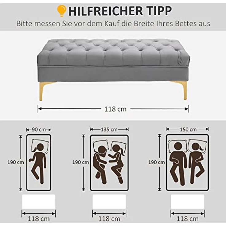 HOMCOM Polsterbank Schlafzimmerbank mit erhöhten Beine (Sitzottomane, 1-St, Sitzbank), Samt Hellgrau+Gold 118 x 45 x 42 cm – Bild 4