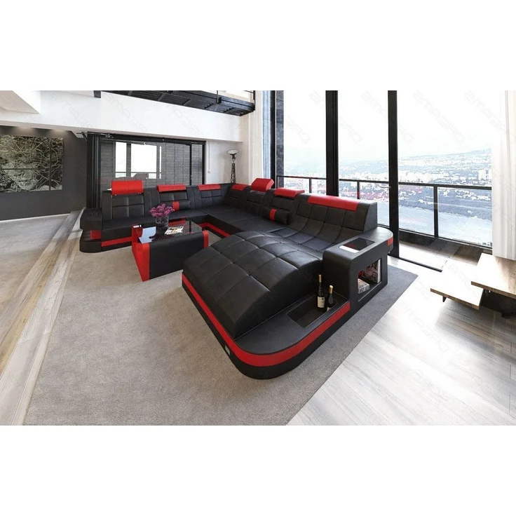 Sofa Dreams - Design Wohnlandschaft Wave XL mit LED - Büffelleder - schwarz-rot - Rechts – Bild 2
