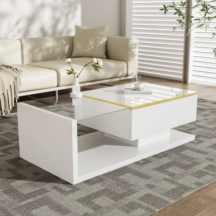 Couchtisch 100x50 cm Hochglanz Weiß LED Beleuchtung App Steuerung 16 Farben Glasplatte Wohnzimmer – Bild 4