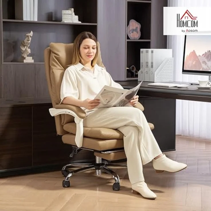 HOMCOM Bürostuhl Ergonomischer Schreibtischstuhl mit Lendenwirbelstütze, Klappbar Armlehne, Fußstütze, Höhenverstellbarer Drehstuhl mit Liegefunktion, Kunstleder, Gepolstert Computerstuhl, Hellbraun – Bild 2