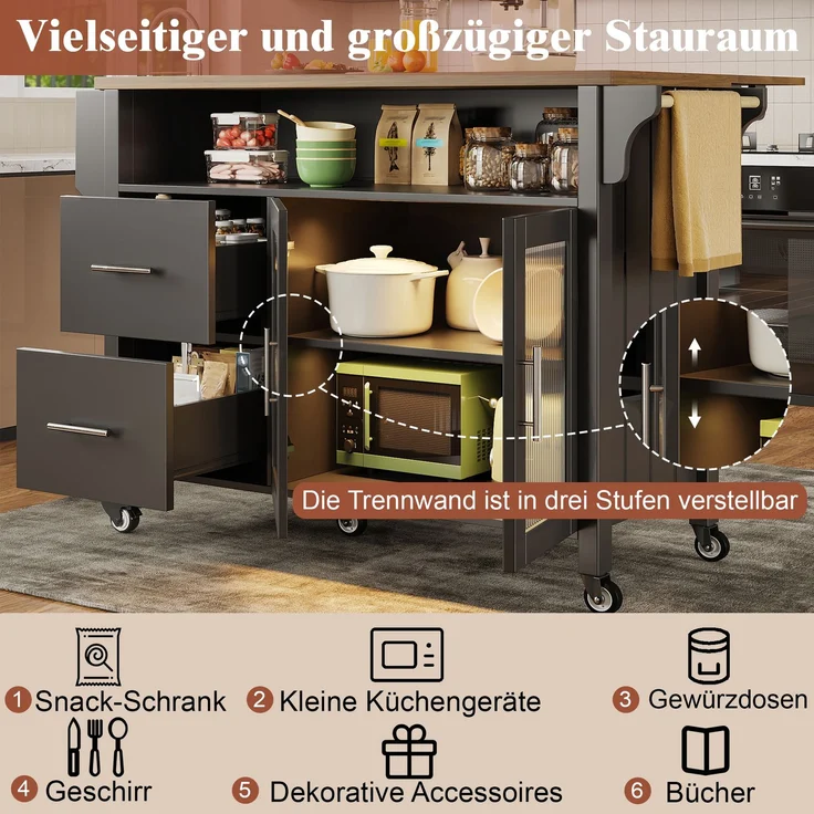 U-life Kücheninsel 139x40x94 cm, Servierwagen mit ausklappbarer Tischplatte, Glasvitrine, LED-Beleuchtung und Rollen, Schwarz – Bild 6