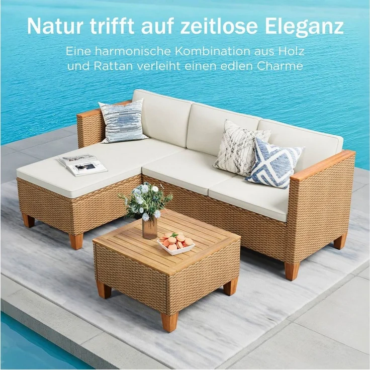 PHI VILLA Gartenlounge-Set, (3 Teilig Gartenmöbel Set Balkonmöbel Rattan Lounge, 1 Chaiselongue, 1 Zweisitzer-Sofa und 1 Kleiner Couchtisch), 4 Personen Terassenmöbel Außen Gartensofa – Bild 2