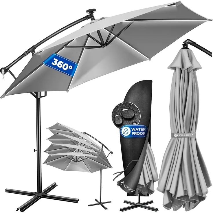 Kesser® Sonnenschirm LED Solar mit Abdeckung, Polyester / Aluminium hellgrau, Ø 300cm