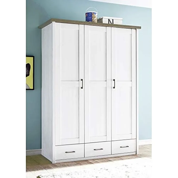 Kleiderschrank LUND-78, Landhaus Design, in Pinie weiß Nb. /Trüffel Eiche Nb, B/H/T: ca. 148/201/62 cm