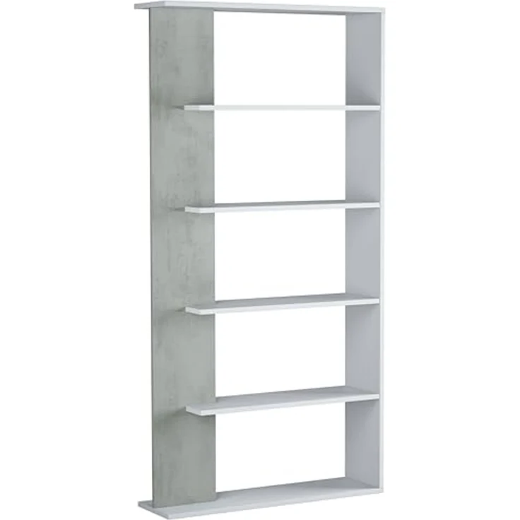Habitdesign Alida, Regal mit 5 Regalböden, Bücherregal für Esszimmer, Wohnzimmer, Finish in Arktisweiß und Zementgrau, Maße: 180 cm (H) x 90 cm (B) x 25 cm (T) – Bild 4