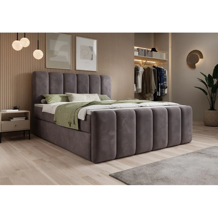 thematys Boxbett mit Bettkasten 200x200cm, mit Bonnellfederkernmatratze H3, Bouclé/Velours, mit Stauraum, mit 3 cm Topper, Grau (Velluto 16) – Bild 3