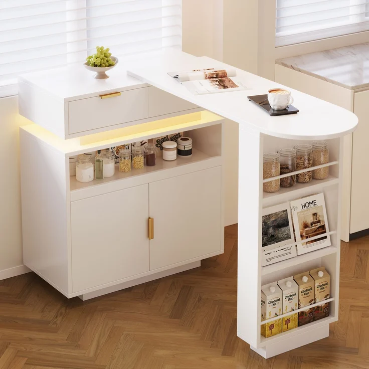 Merax Ausziehbarer Bartisch (115-183 × 40 × 99 cm), ausziehbare Kücheninsel, Bartisch mit Stauraum, LED‑Beleuchtung, 360° Drehfunktion, mobile Kaffeebar, geeignet für Küche und Esszimmer, Weiß – Bild 3