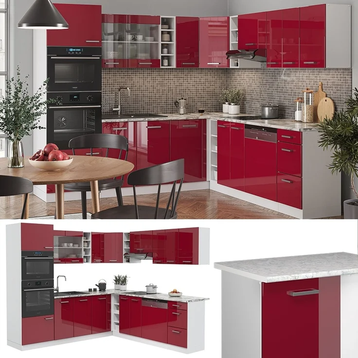 Eckküche R-Line Rot Hochglanz/Weiß 247 x 237 cm ohne Arbeitsplatte Vicco – Bild 2
