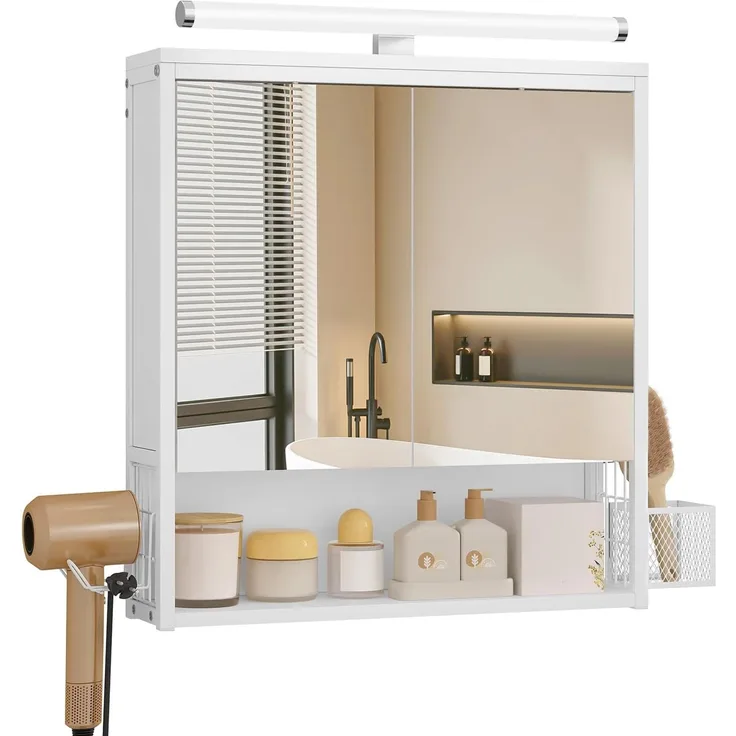 EUGAD Badezimmerschrank mit LED-Beleuchtung, Badezimmerschrank mit Spiegel, Badschrank hängend, mit Verstellbarer Ablage, Halter Korb, Metall MDF, Weiß, 56 x 13,5 x 65 cm