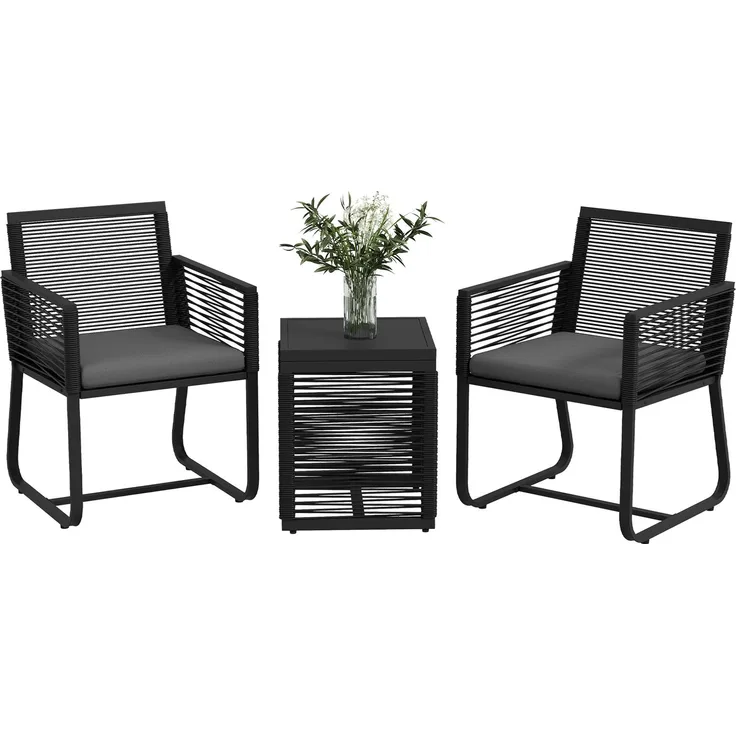 3-teiliges Bistro-Set, Balkon-Set, Terrassen-Set, wetterbeständig, modernes Design, 53 cm x 57 cm x 77 cm, Schwarz + Grau--Schwarz--77x53x57cm--YOUDENOVA