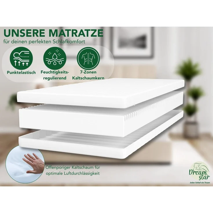 DREAMSTAR Easy Flex 7-Zonen Matratze 90x200 cm | H2&H3 | Ergonomische Kaltschaummatratze | Hypoallergen & Antibakteriell | Bezug abnehmbar & waschbar | Oeko-TEX® | (16cm, 90x200 cm) – Bild 2