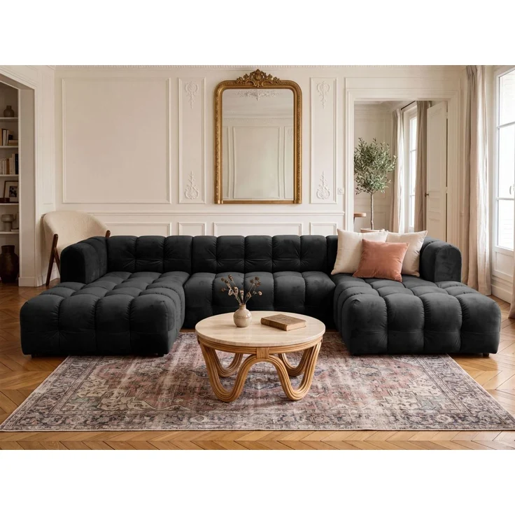 Wohnlandschaft Sofa U-Form SOLVIE in Stoff Tiffani Schwarz – Bild 1