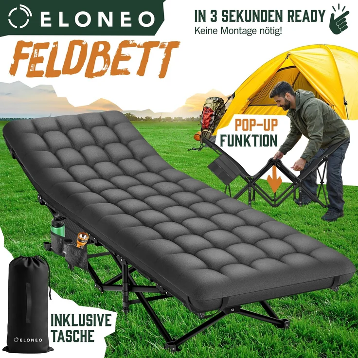 ELONEO Feldbett klappbar mit Premium Auflage, Campingliege bis 200kg belastbar, Anthrazit – Bild 2