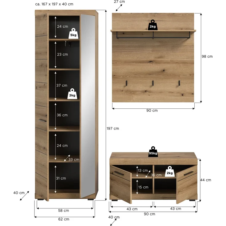Garderobenkombination (B/H/T: 167x197x40 cm) in Evoke Oak Nachbildung – Bild 4