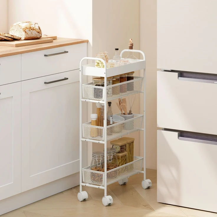 MELAYR, Küchenwagen aus Metall, 3 Körbe, schmales Design, 4 Räder, für Küche, Wohnzimmer, 43.2 x 19 x 80 cm, Weiß – Bild 3