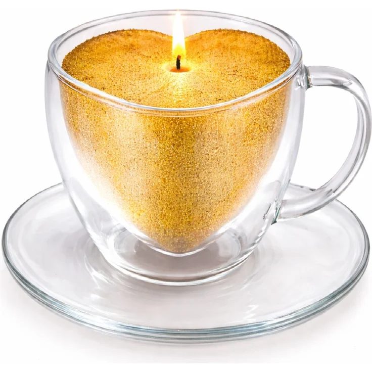 Duftkerze in Herz Tasse Doppelwandigem Glas + Unterteller Gold