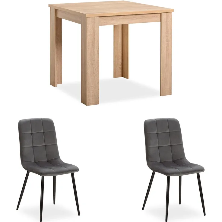 Esstisch mit 2 Stühlen Set Essgruppe Samt Polsterstühle Grau Küchentisch Modern Holz Natur 80x80 cm Esszimmertisch Massiv