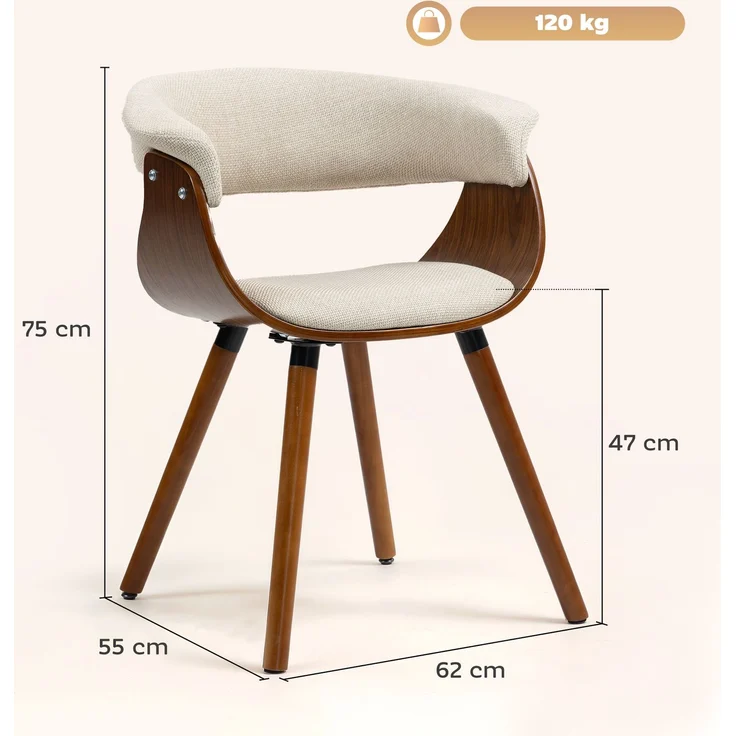Wohnora-Set aus 2 Esszimmerstühlen, gepolsterte Küchenstühle mit geschwungener Rückenlehne und Beinen aus Massivholz, beige,H 750cm x T 700cm x B 550cm – Bild 4