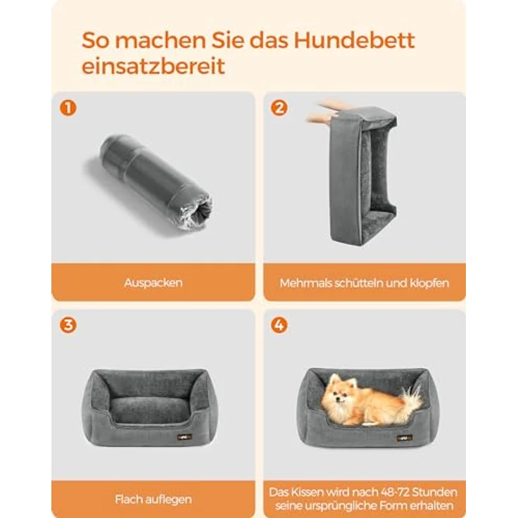 Feandrea Hundebett, Hundekissen in Leinenoptik, Hundekorb, erhöhte Ränder, rutschfeste Unterseite, Bezug abnehmbar waschbar, M, für kleine Hunde, 70 x 55 x 21 cm, hellgrau PGW10GG – Bild 9